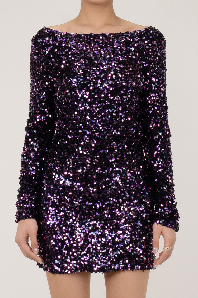 Sparkly Bow Tie Draped Backless Long Sleeve Bodycon Sequin Party Mini Dress