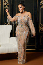Sparkly Cold Shoulder Sheer Maxi Rhinestone Fringe Split Evening Maxi Dress - Silver 2