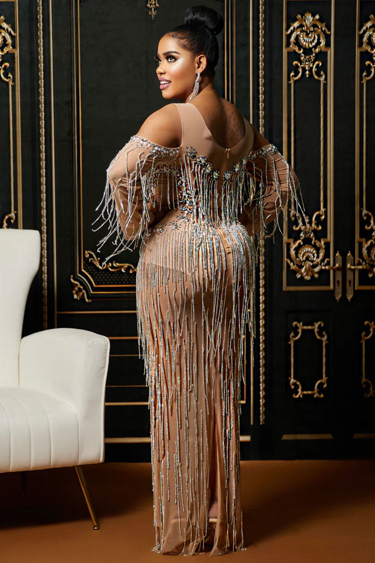 Sparkly Cold Shoulder Sheer Maxi Rhinestone Fringe Split Evening Maxi Dress - Silver 3