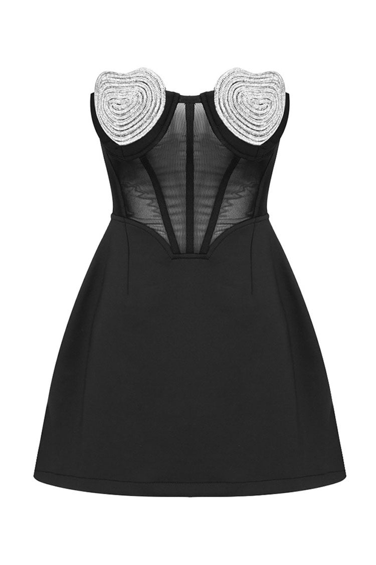 Sparkly Crystal Heart Shape Semi Sheer Strapless Party Mini Dress - Black 4