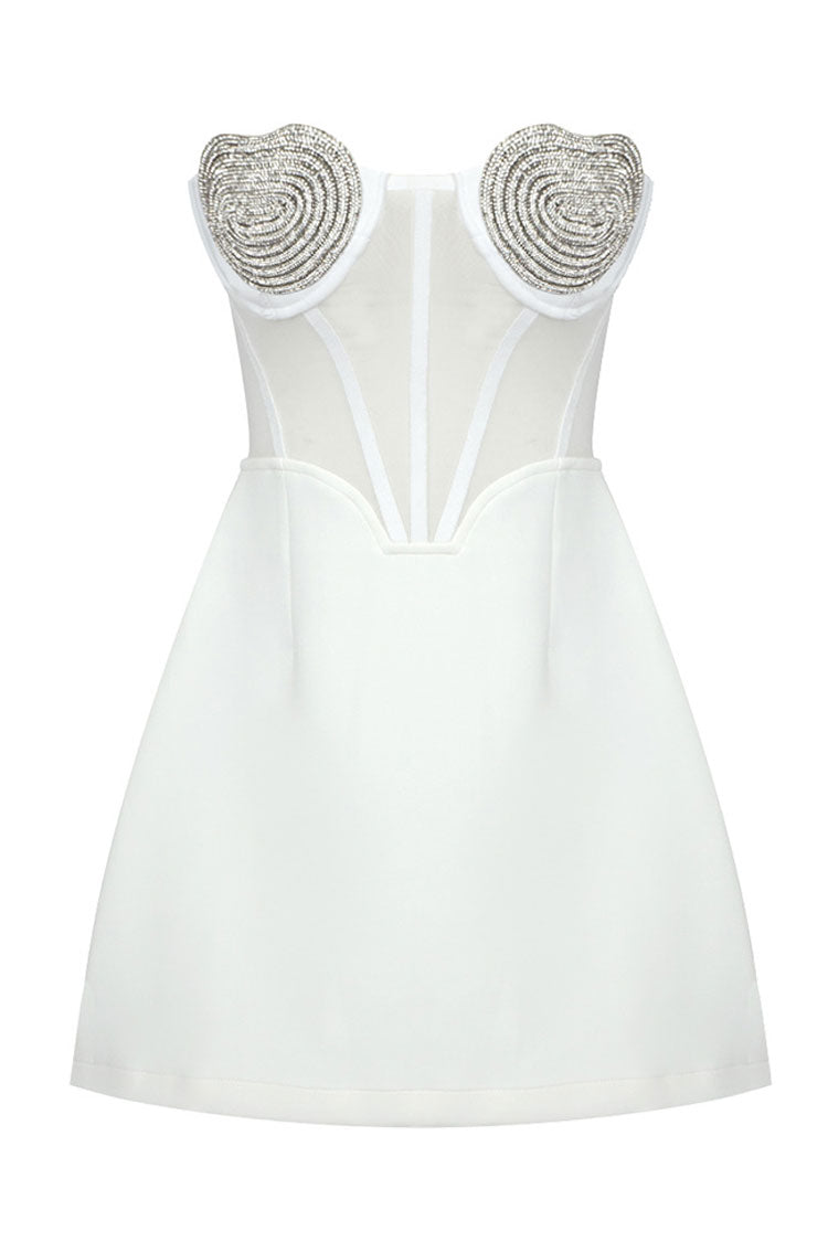 Sparkly Crystal Heart Shape Semi Sheer Strapless Party Mini Dress - White 3