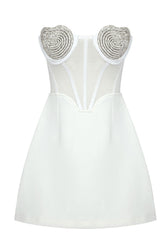 Sparkly Crystal Heart Shape Semi Sheer Strapless Party Mini Dress - White 3