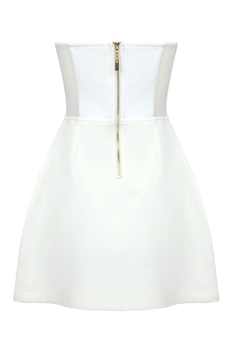 Sparkly Crystal Heart Shape Semi Sheer Strapless Party Mini Dress - White 4