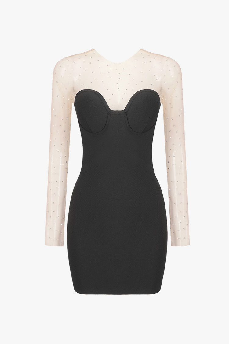 Sparkly Crystal Mesh Bandage Long Sleeve Cut Out Party Mini Dress