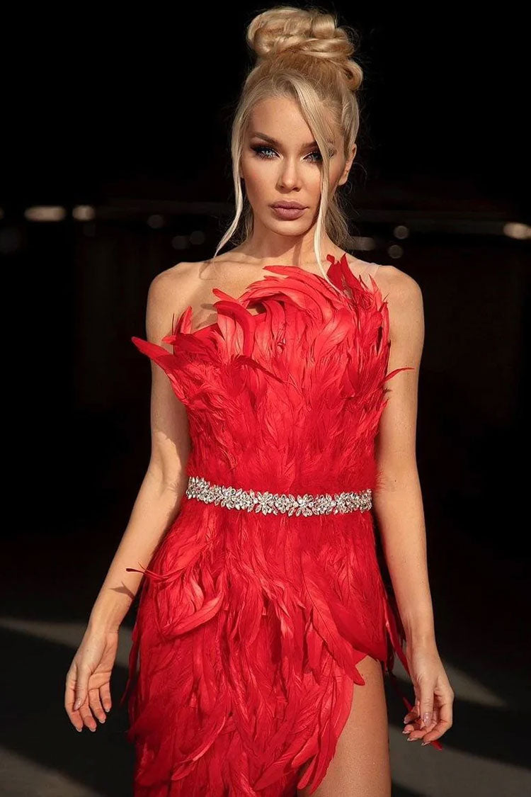 Sparkly Crystal One Shoulder High Slit Feather Midi Dress - Red 2