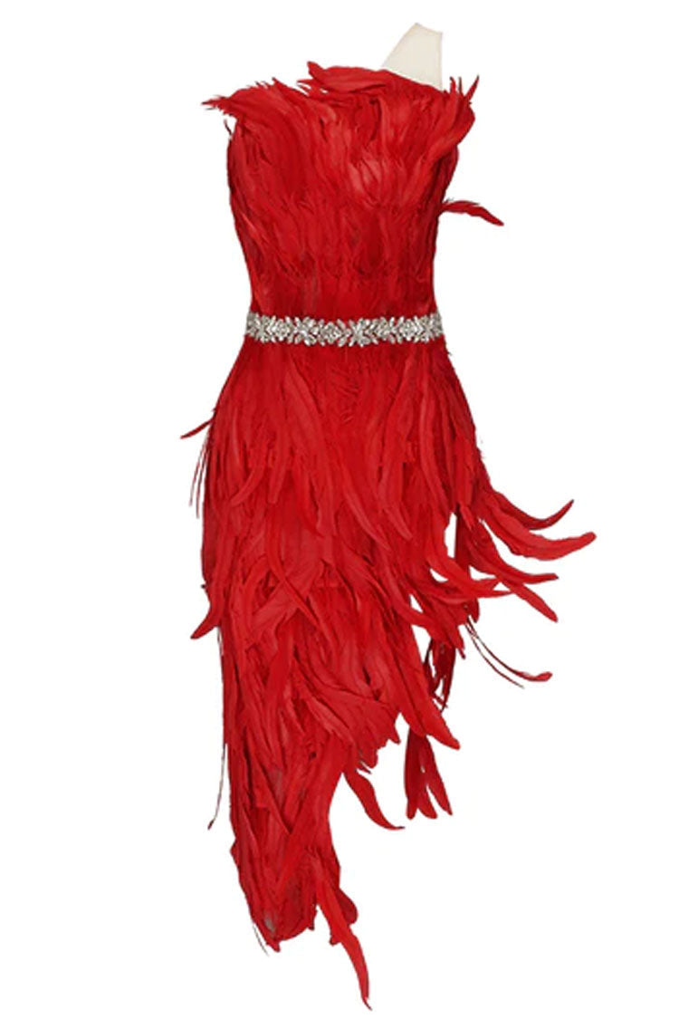 Sparkly Crystal One Shoulder High Slit Feather Midi Dress - Red 4