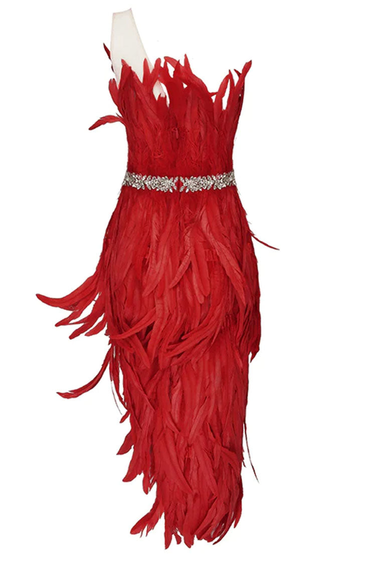 Sparkly Crystal One Shoulder High Slit Feather Midi Dress - Red 5