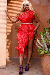 Sparkly Crystal One Shoulder High Slit Feather Midi Dress - Red 3