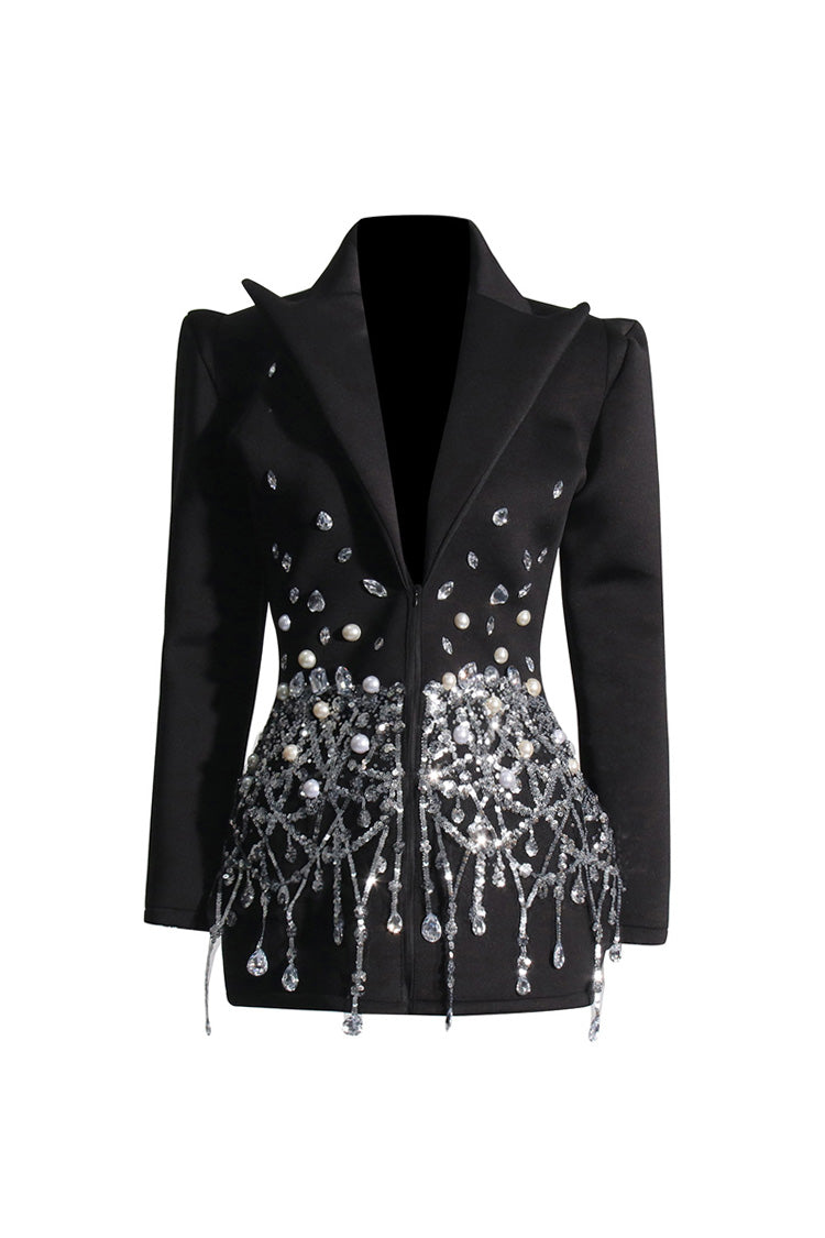 Sparkly Crystal Sequin Fringe Peak Lapel Zip Up Cinched Waist Party Blazer Mini Dress