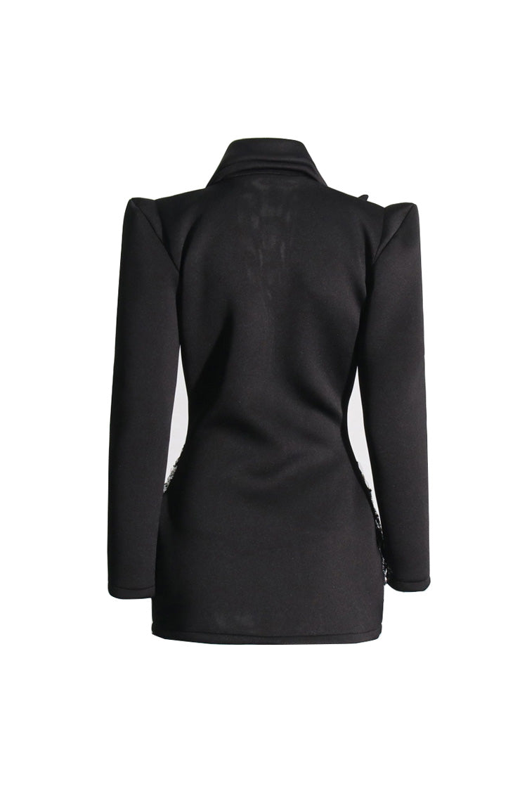 Sparkly Crystal Sequin Fringe Peak Lapel Zip Up Cinched Waist Party Blazer Mini Dress