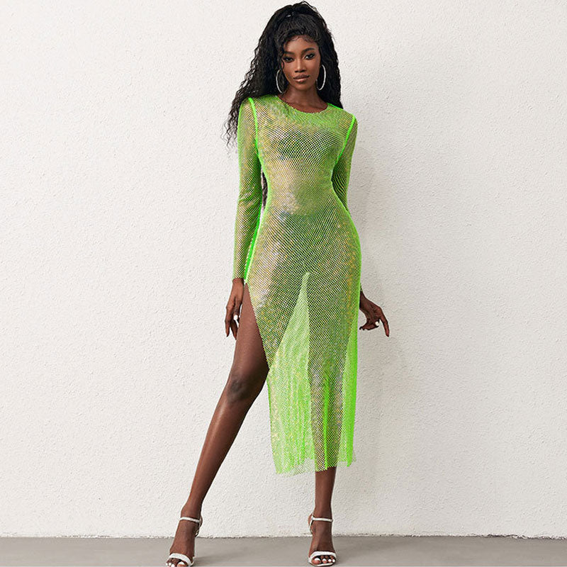 Rhinestone Fishnet Crew Neck Long Sleeve High Split Sheer Midi Dress