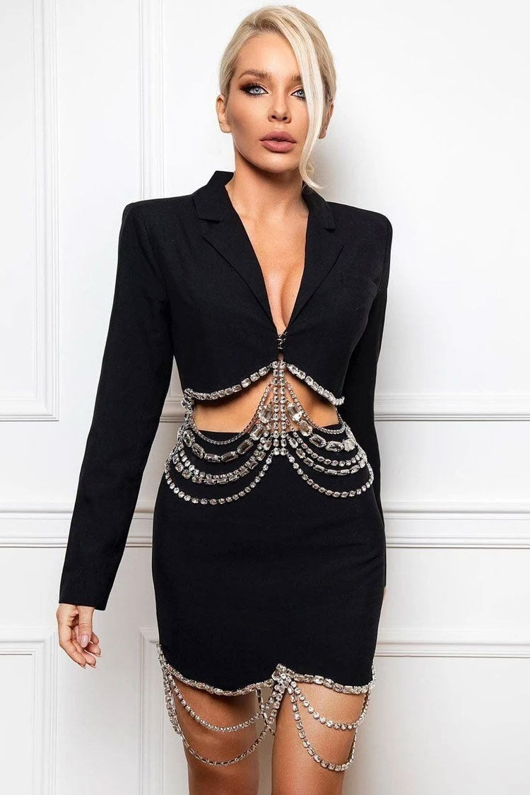 Rhinestone Chain Cropped Blazer and Mini Skirt Two Piece Set