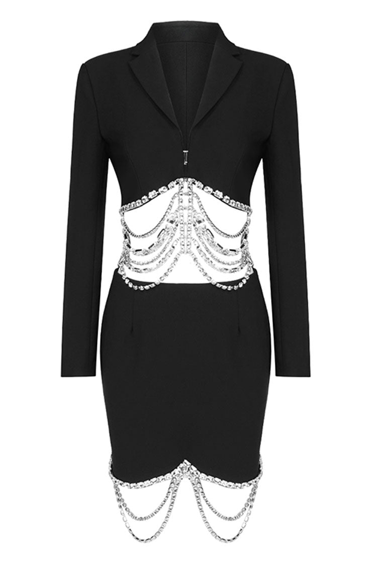 Sparkly Layered Rhinestone Crop Blazer Two Piece Mini Dress - Black 3