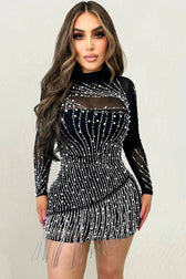 Sparkly Mock Neck Long Sleeve Rhinestone Fringe Party Mini Dress - Black