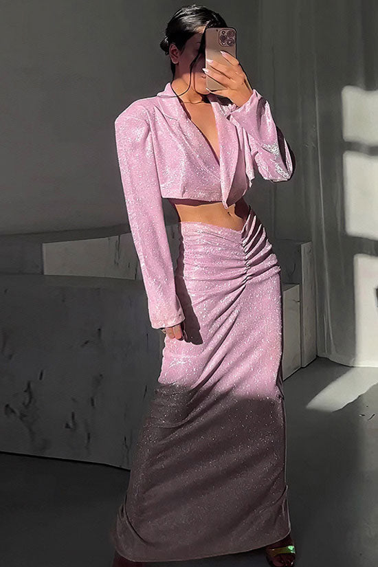 Sparkly Padded Crop Blazer Ruched Drop Waist Maxi Two Piece Dress - Pink 2