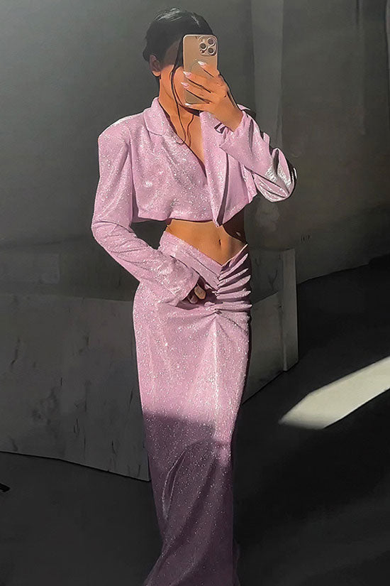 Sparkly Padded Crop Blazer Ruched Drop Waist Maxi Two Piece Dress - Pink 3