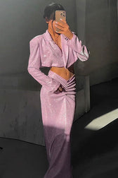 Sparkly Padded Crop Blazer Ruched Drop Waist Maxi Two Piece Dress - Pink 3