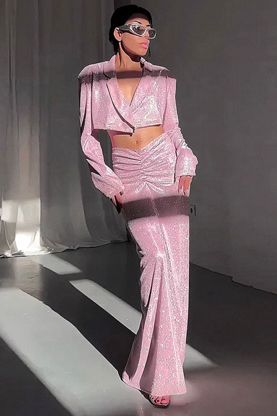 Sparkly Padded Crop Blazer Ruched Drop Waist Maxi Two Piece Dress - Pink 4