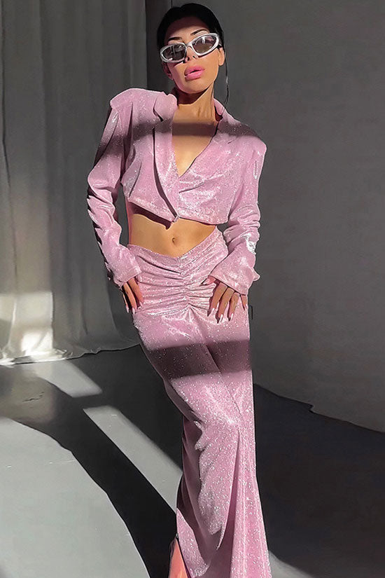 Sparkly Padded Crop Blazer Ruched Drop Waist Maxi Two Piece Dress - Pink 5