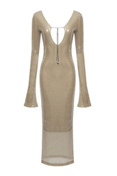 Sparkly Plunge Drawstring Cutout Mesh Sequin Maxi Dress - Nude 4