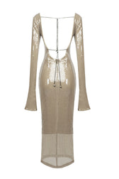 Sparkly Plunge Drawstring Cutout Mesh Sequin Maxi Dress - Nude 5