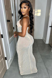Sparkly Rhinestone Bustier Sheer Mesh Sleeveless Fishtail Evening Maxi Dress - Apricot 2