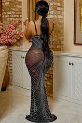 Sparkly Rhinestone Bustier Sheer Mesh Sleeveless Fishtail Evening Maxi Dress - Black 3