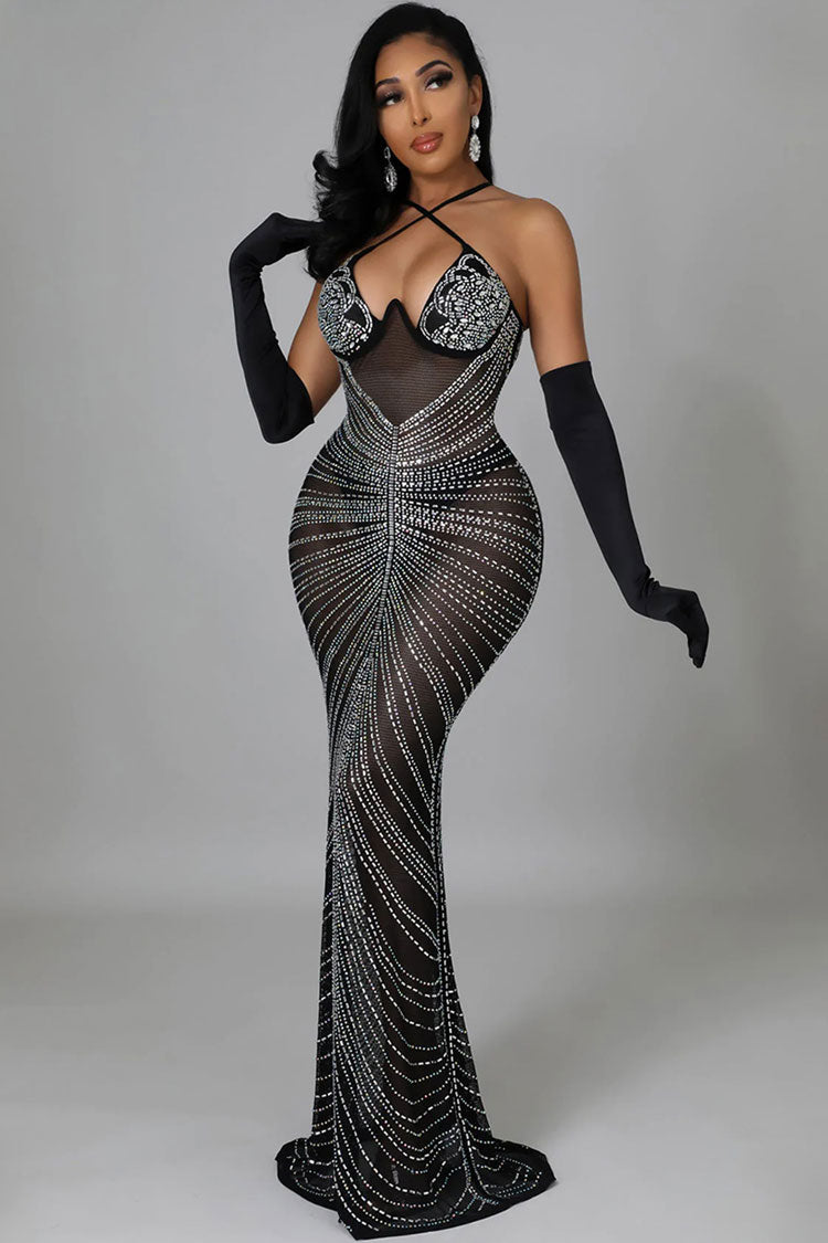 Sparkly Rhinestone Bustier Sheer Mesh Sleeveless Fishtail Evening Maxi Dress - Black 4