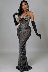 Sparkly Rhinestone Bustier Sheer Mesh Sleeveless Fishtail Evening Maxi Dress - Black 4