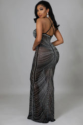 Sparkly Rhinestone Bustier Sheer Mesh Sleeveless Fishtail Evening Maxi Dress - Black 5