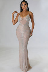 Sparkly Rhinestone Bustier Sheer Mesh Sleeveless Fishtail Evening Maxi Dress - Khaki 2