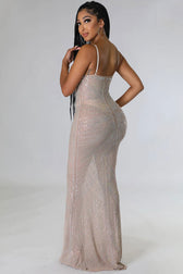 Sparkly Rhinestone Bustier Sheer Mesh Sleeveless Fishtail Evening Maxi Dress - Khaki 3