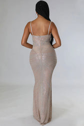 Sparkly Rhinestone Bustier Sheer Mesh Sleeveless Fishtail Evening Maxi Dress - Khaki 4