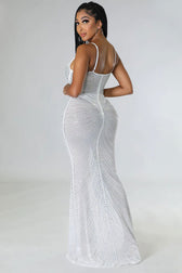 Sparkly Rhinestone Bustier Sheer Mesh Sleeveless Fishtail Evening Maxi Dress - White 3