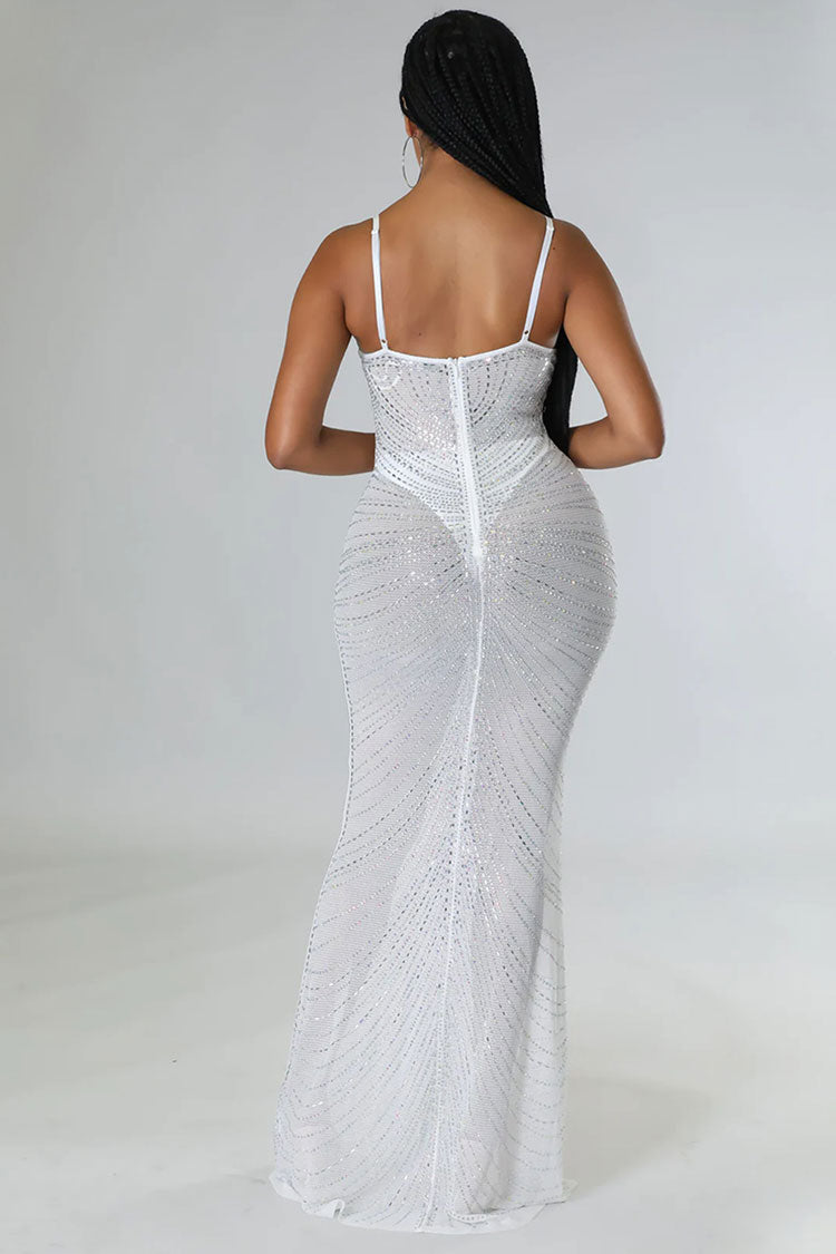 Sparkly Rhinestone Bustier Sheer Mesh Sleeveless Fishtail Evening Maxi Dress - White 4