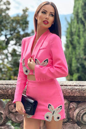 Sparkly Rhinestone Butterfly Lapel Cropped Blazer Two Piece Mini Dress - Pink 3