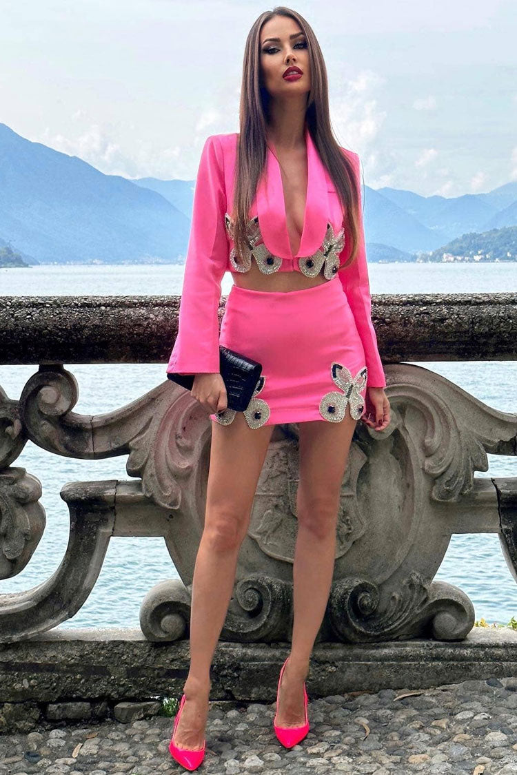 Sparkly Rhinestone Butterfly Lapel Cropped Blazer Two Piece Mini Dress - Pink 2