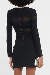 Sparkly Rhinestone Crew Neck Sheer Mesh Bowknot Party Mini Dress - Black 2