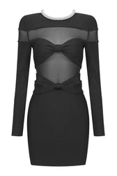 Sparkly Rhinestone Crew Neck Sheer Mesh Bowknot Party Mini Dress - Black 3