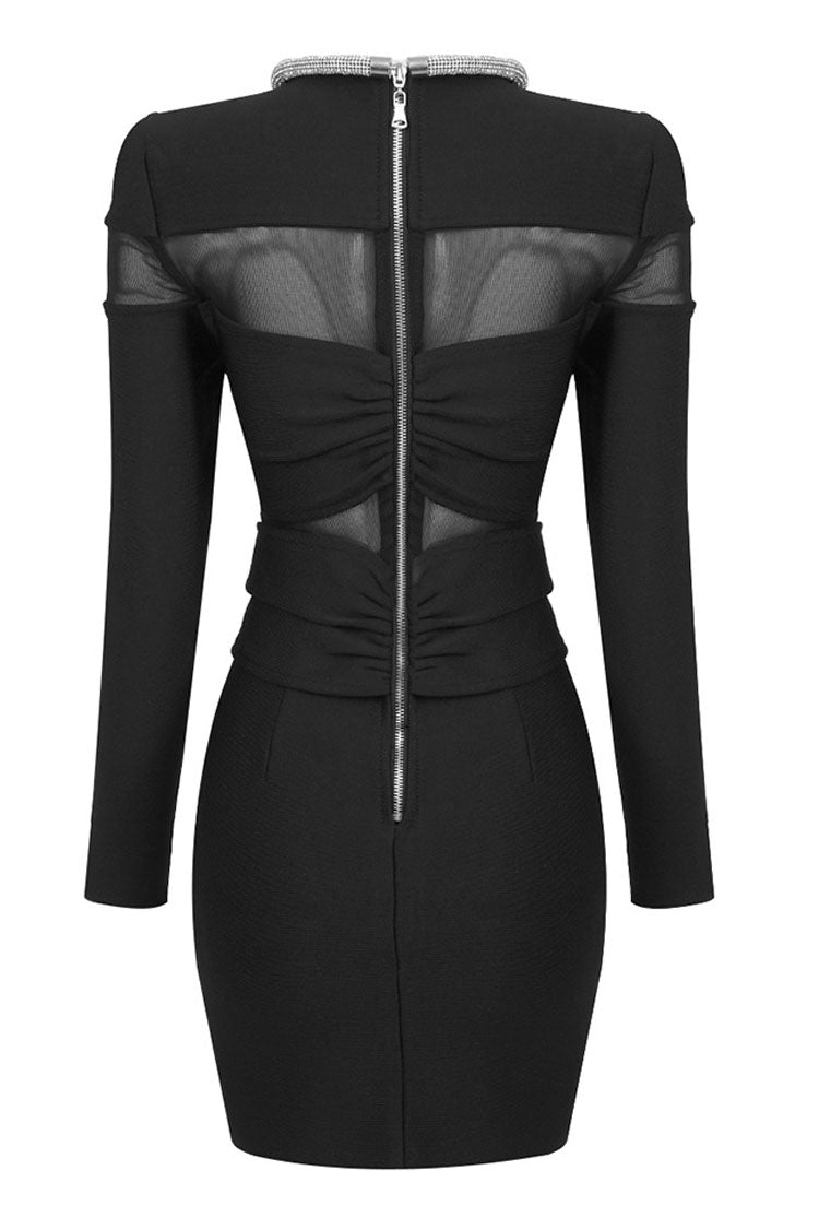 Sparkly Rhinestone Crew Neck Sheer Mesh Bowknot Party Mini Dress - Black 4