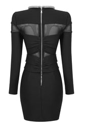 Sparkly Rhinestone Crew Neck Sheer Mesh Bowknot Party Mini Dress - Black 4