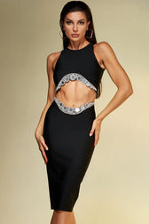 Sparkly Rhinestone Crop Tank Top Drop Waist Midi Skirt Two Piece Dress - Black 4