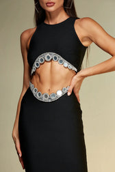 Sparkly Rhinestone Crop Tank Top Drop Waist Midi Skirt Two Piece Dress - Black 6