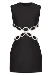 Sparkly Rhinestone Cutout Side Pocket Bandage Sleeveless Party Mini Dress - Black 5