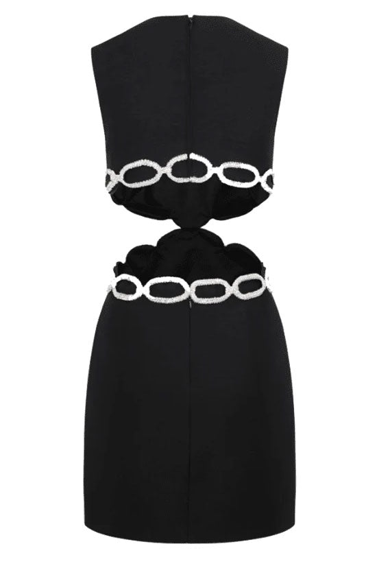 Sparkly Rhinestone Cutout Side Pocket Bandage Sleeveless Party Mini Dress - Black 6