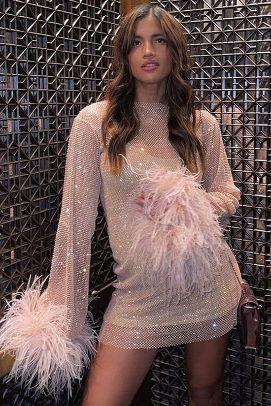 Rhinestone Fishnet Mock Neck Feather Cuff Long Sleeve Mini Dress