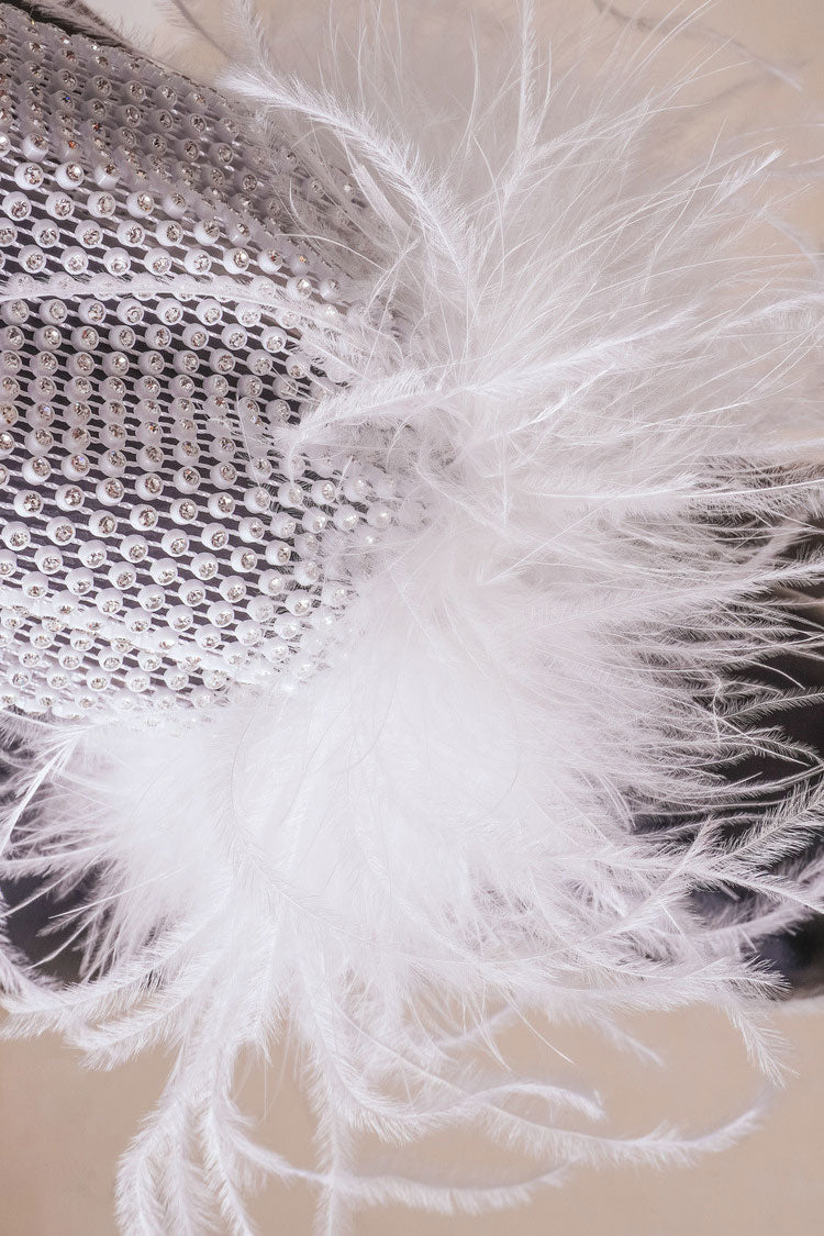 Sparkly Rhinestone Fishnet Feather Sleeve Long Sleeve Sheer Mini Dress - White 4