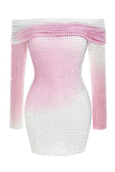 Sparkly Rhinestone Foldover Off Shoulder Ombre Mesh Party Mini Dress - Pink 2