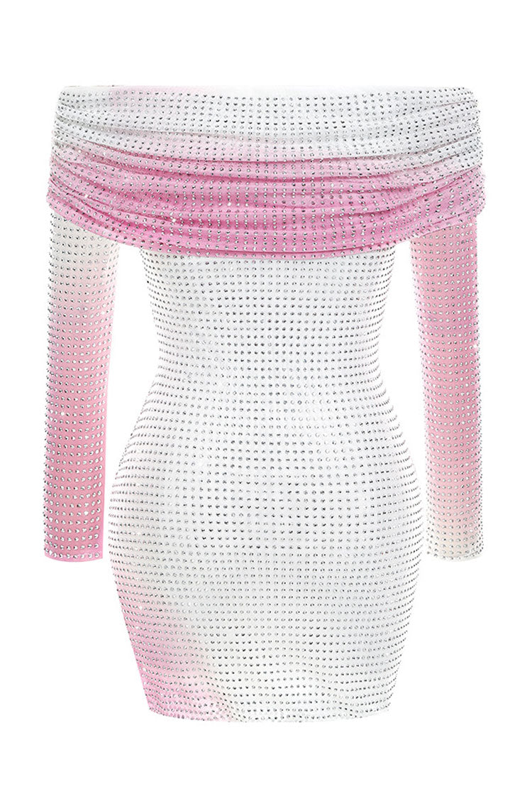 Sparkly Rhinestone Foldover Off Shoulder Ombre Mesh Party Mini Dress - Pink 3