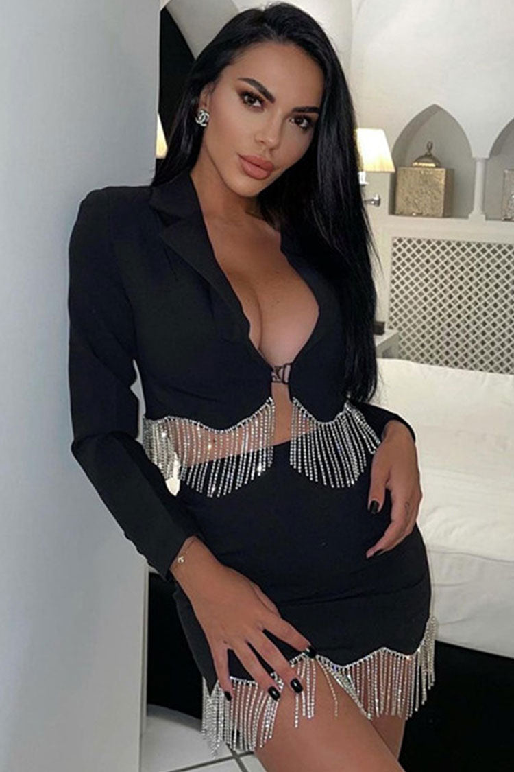 Rhinestone Fringe Trim Cropped Blazer and Mini Skirt Two Piece Set